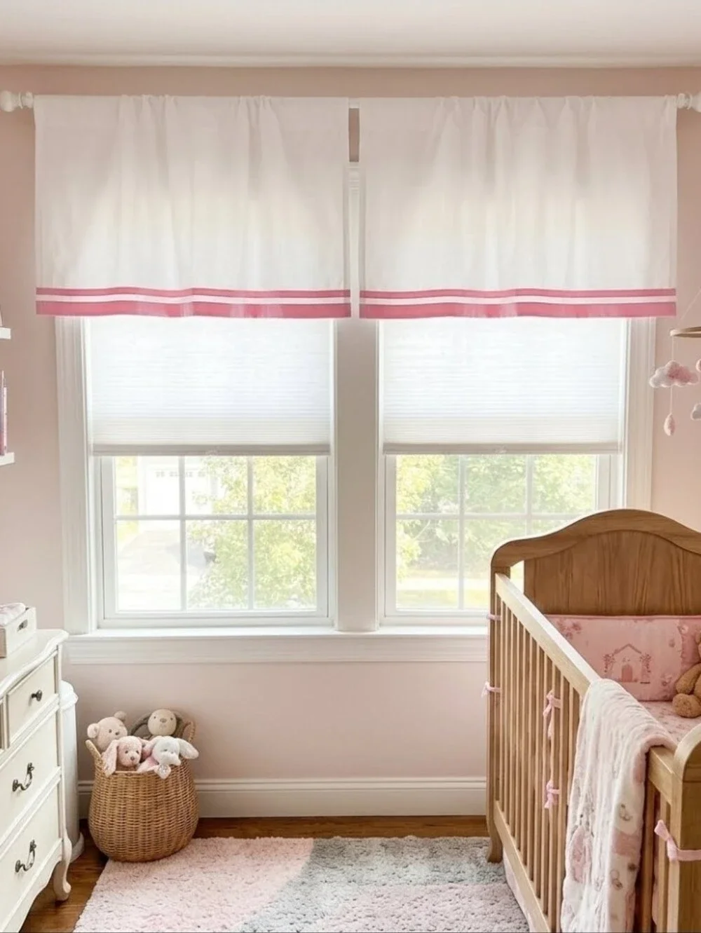 Pottery Barn Kids Harper White Pink Trim Valances Set of 2